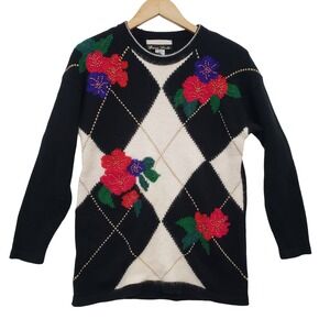 Vintage Danna Scott Black Argyle Floral Beaded Knit Sweater Small Holiday Party